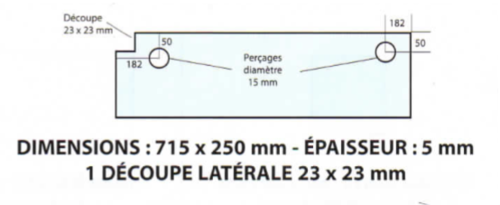 Vitre de four PAVAILLER L715 x H250 mm 2 trous 1 découpe de 23 x 23 mm (VF12)