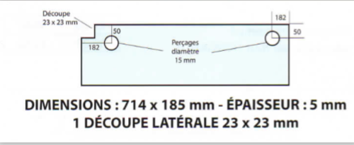 Vitre de four PAVAILLER L714 x H185 mm 2 trous 1 découpe de 23 x 23 mm (VF15)